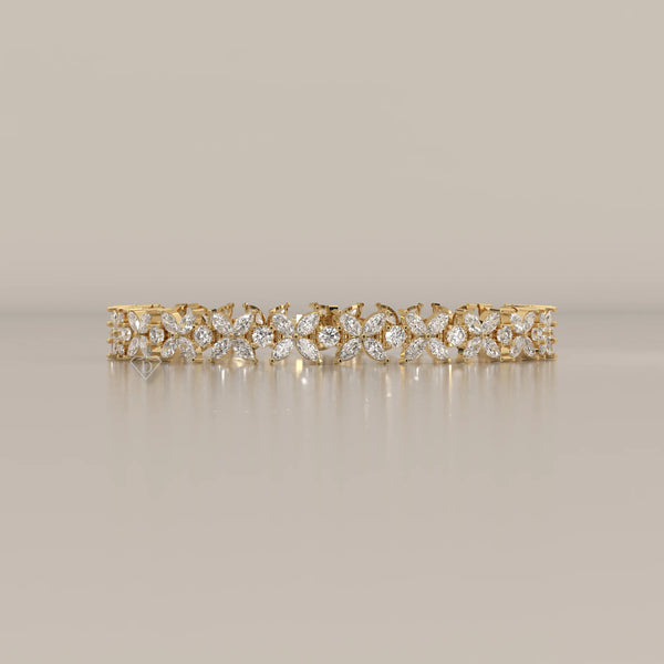 Marquise Flower Lab Grown Diamond Tennis Bracelet with Rounds in yellow gold, photographed head-on.