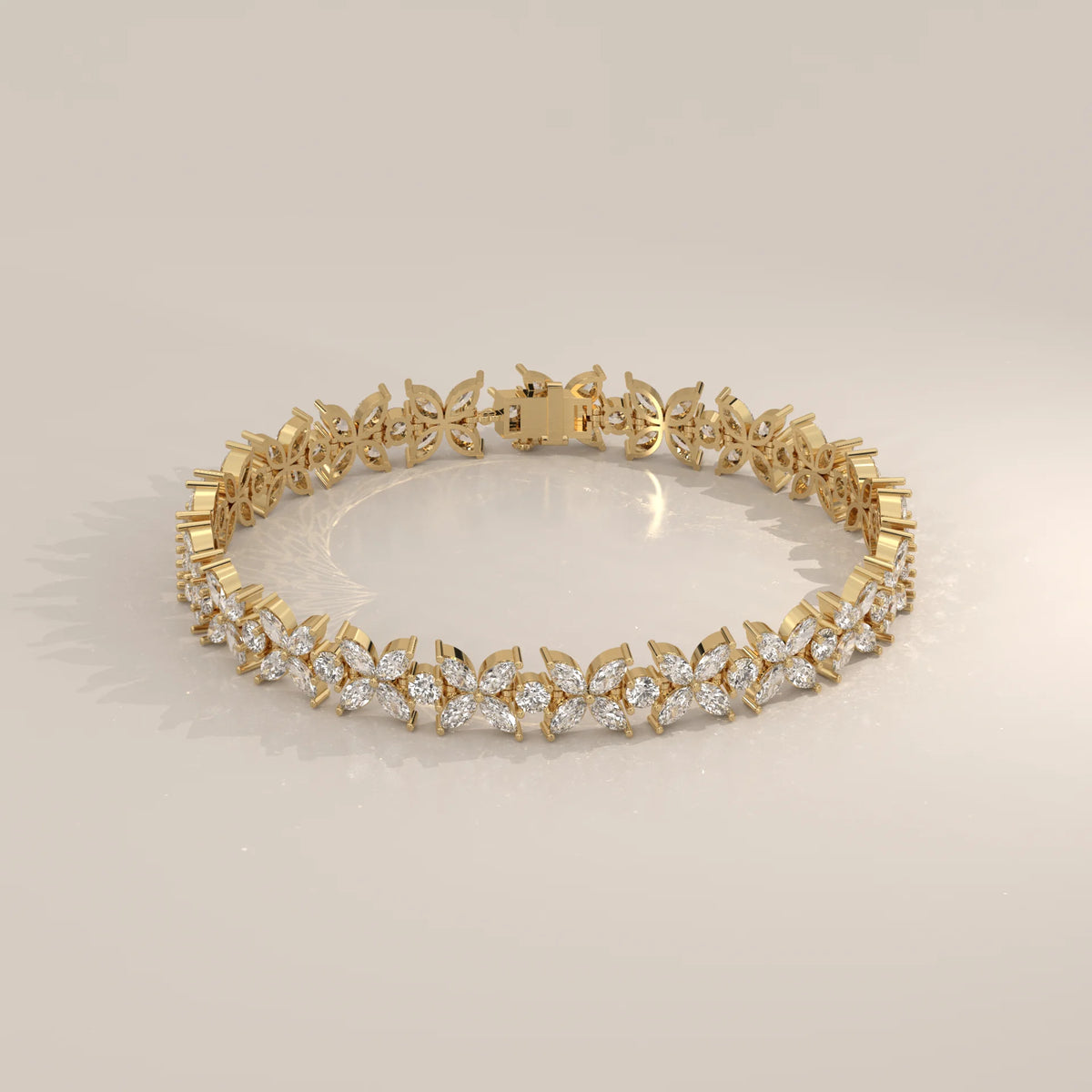 Marquise Flower Lab Grown Diamond Tennis Bracelet with Rounds in yellow gold, shown from the front.