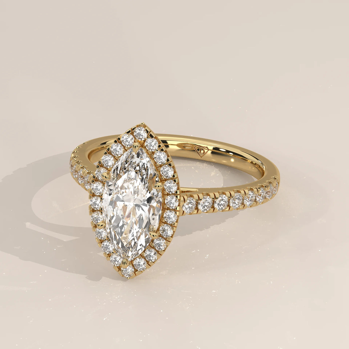 Angle View: Marquise Diamond Ring with Halo Setting in Yellow Gold – Lab Grown – Driona Jewels
