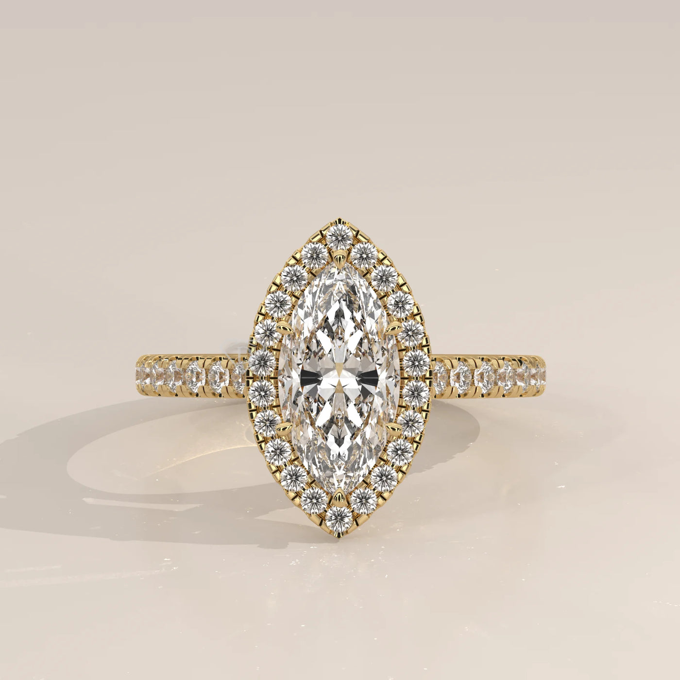 Side Profile: Marquise Diamond Ring with Halo Setting in Yellow Gold – Lab Grown – Driona Jewels