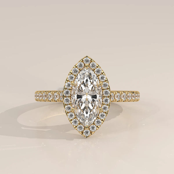 Side Profile: Marquise Diamond Ring with Halo Setting in Yellow Gold – Lab Grown – Driona Jewels