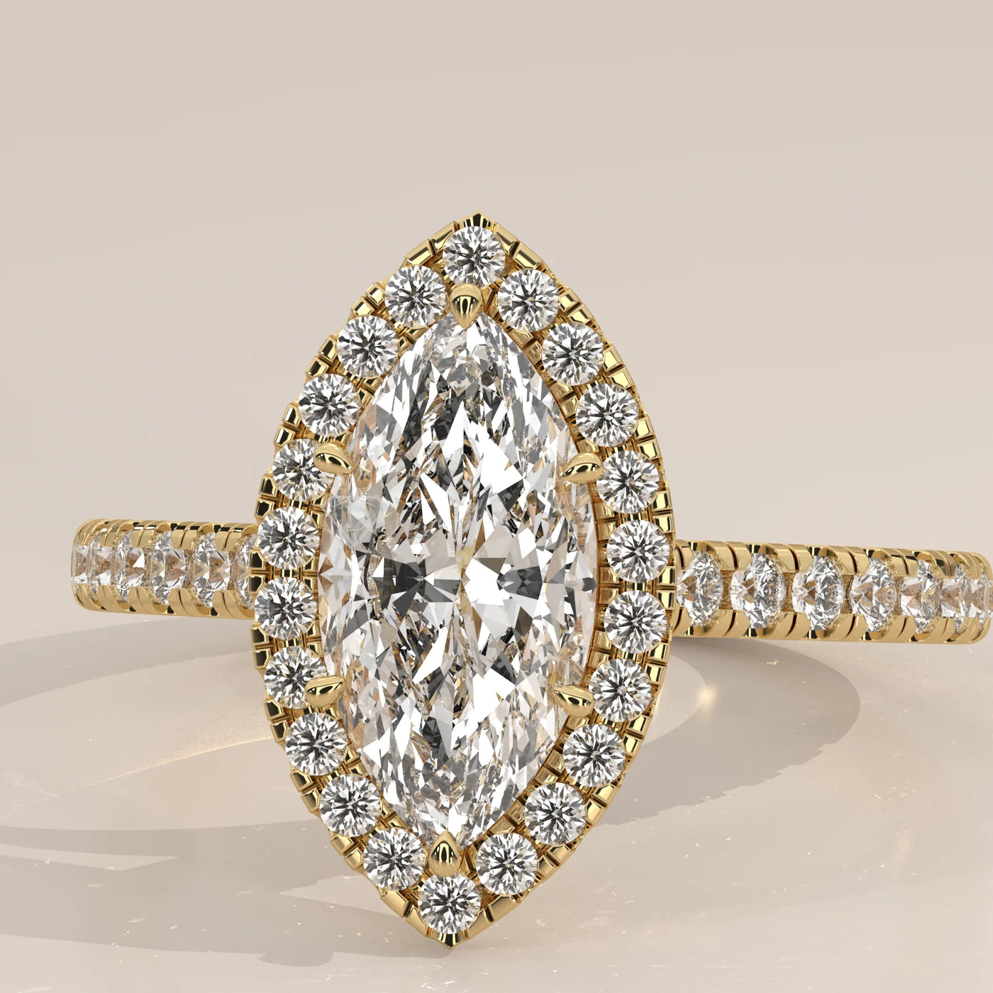 Stone Detail: Marquise Lab Grown Diamonds in Halo Setting – Yellow Gold – Driona Jewels