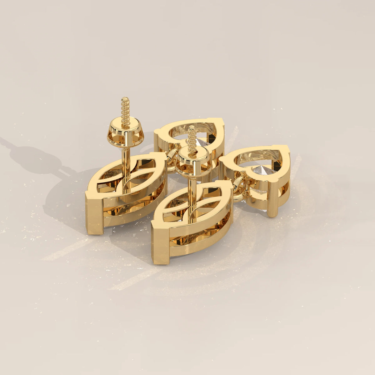 Marquise and Heart Lab Grown Diamond Two Stone Drop Earrings in yellow gold, product photograph on a plain background.