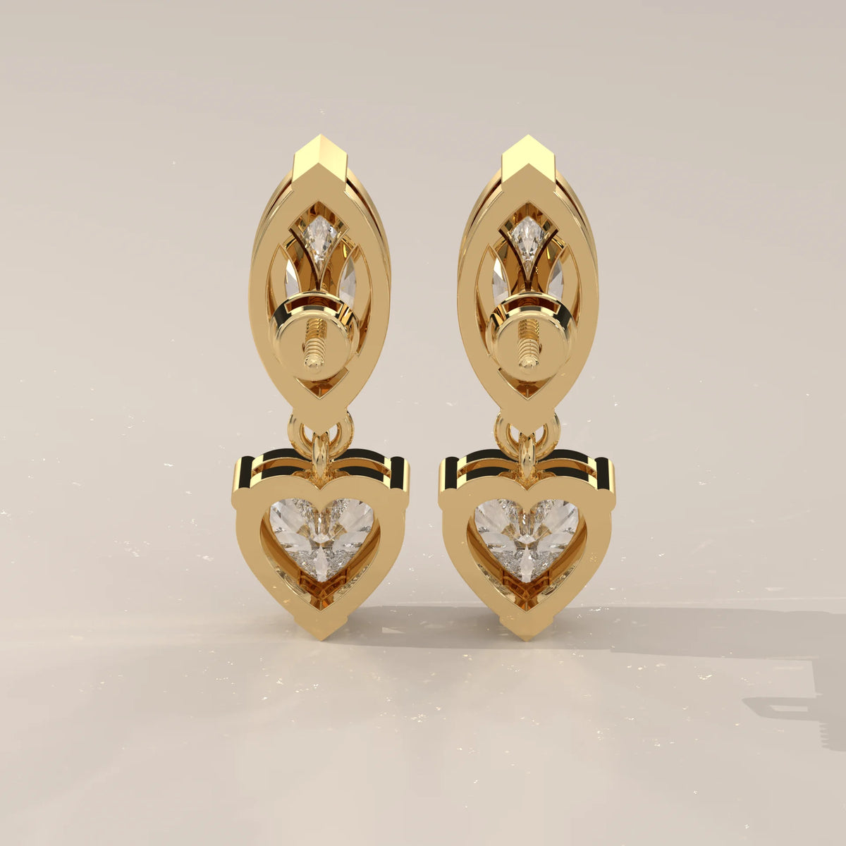 Marquise and Heart Lab Grown Diamond Two Stone Drop Earrings in yellow gold, photographed head-on.