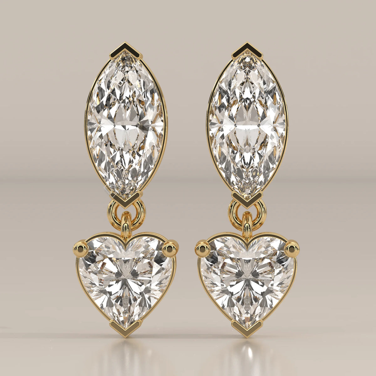 Marquise and Heart Lab Grown Diamond Two Stone Drop Earrings in yellow gold, shown from the front.