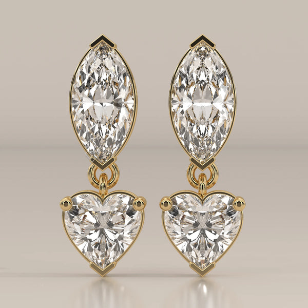 Marquise and Heart Lab Grown Diamond Two Stone Drop Earrings in yellow gold, shown from the front.