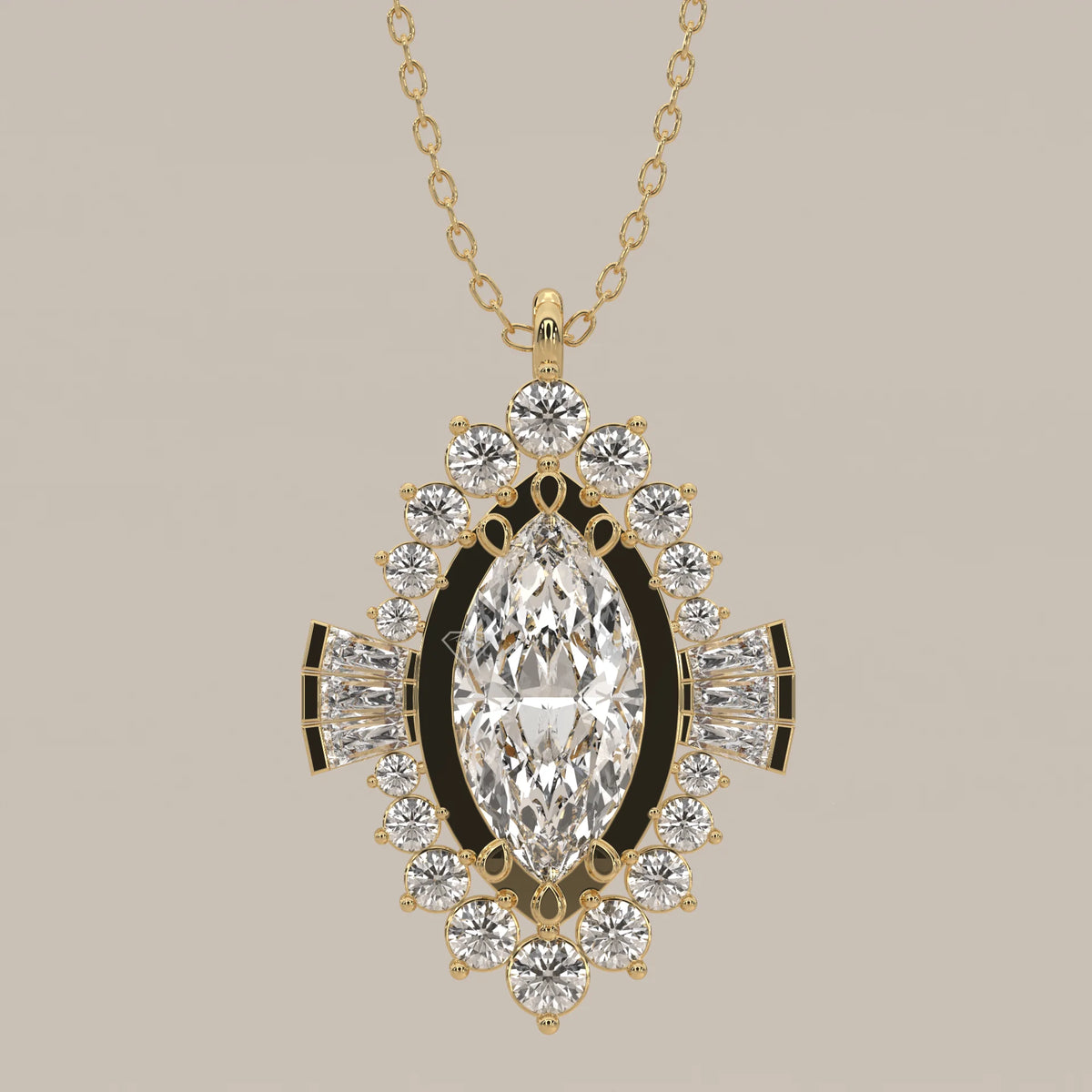 Marquise Lab Grown Diamond Art Deco Halo Pendant with Baguette Wings in yellow gold, front view on a plain background.
