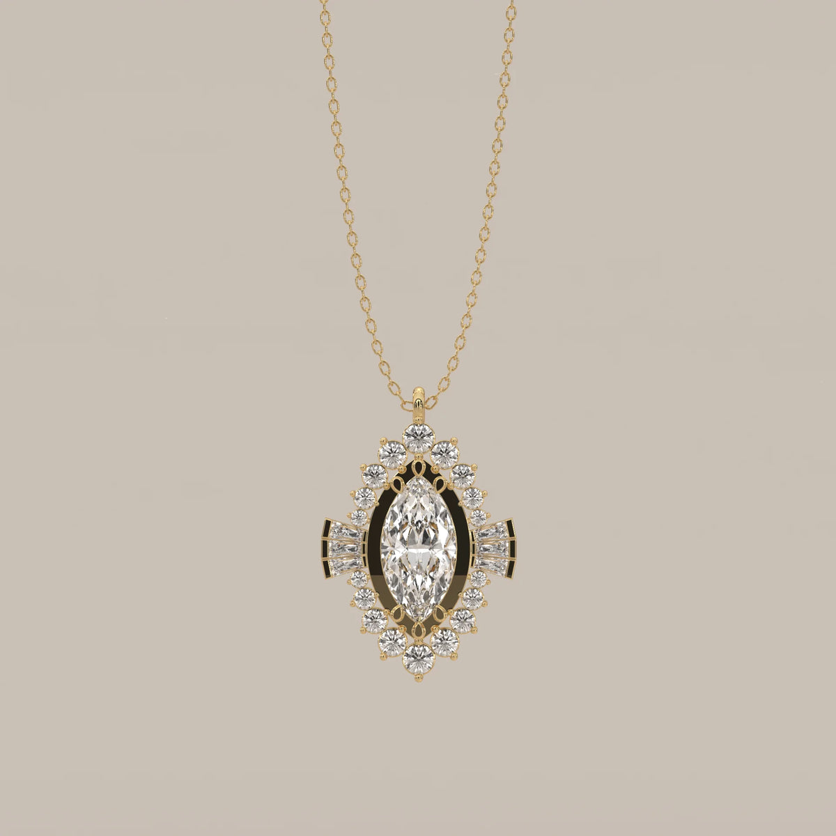 Marquise Lab Grown Diamond Art Deco Halo Pendant with Baguette Wings in yellow gold, shown from the front.