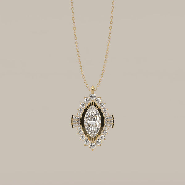 Marquise Lab Grown Diamond Art Deco Halo Pendant with Baguette Wings in yellow gold, shown from the front.