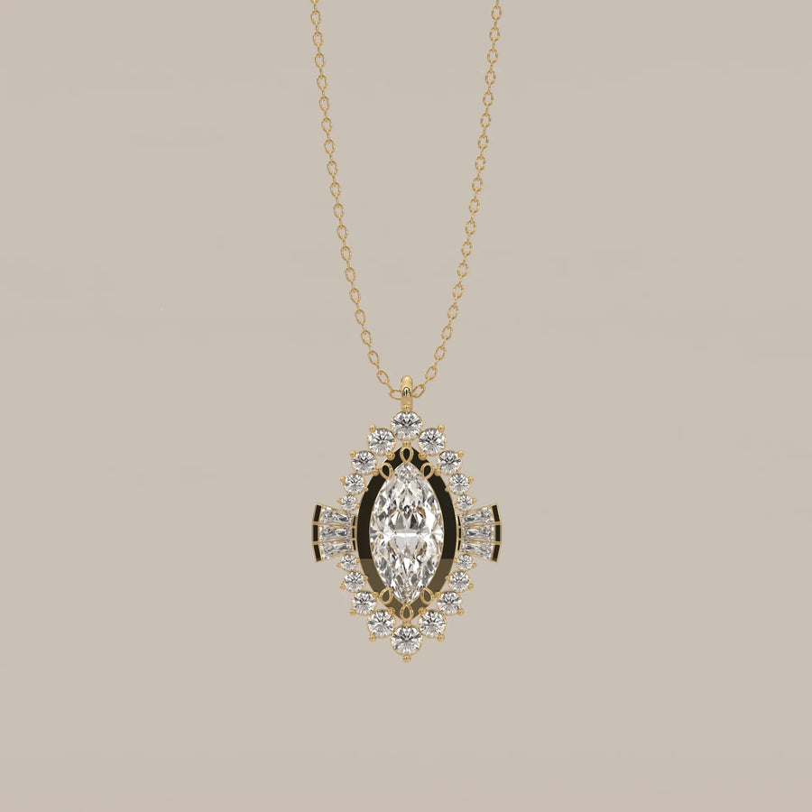 Marquise Lab Grown Diamond Art Deco Halo Pendant with Baguette Wings in yellow gold, shown from the front.