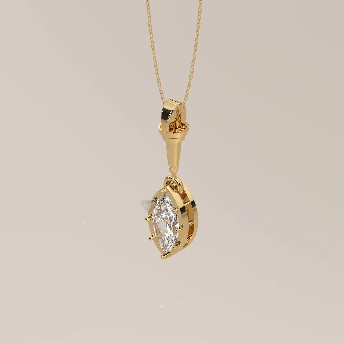 Marquise Lab Grown Diamond Deco Drop Pendant with Column Bail in yellow gold, shown at an angle.