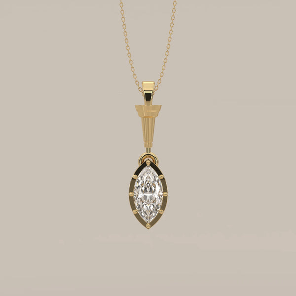 Marquise Lab Grown Diamond Deco Drop Pendant with Column Bail in yellow gold, shown from the front.