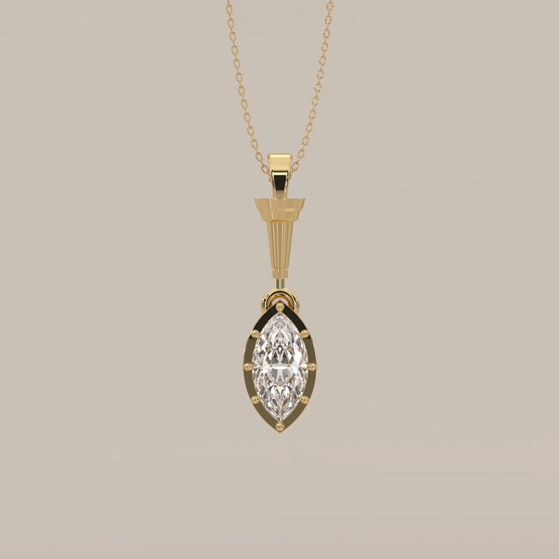Marquise Lab Grown Diamond Deco Drop Pendant with Column Bail in yellow gold, shown from the front.