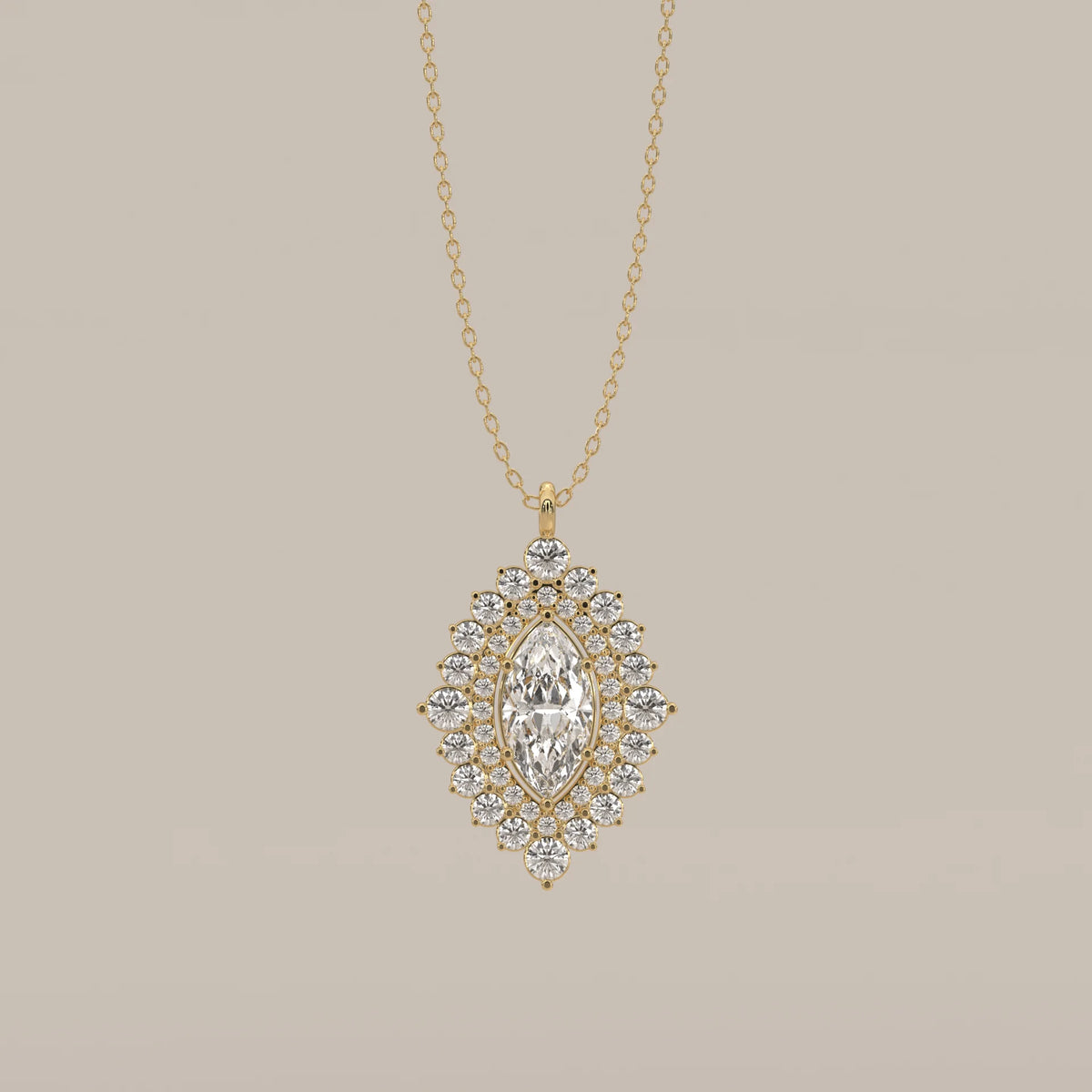 Marquise Lab Grown Diamond Double Halo Pendant in yellow gold, shown from the front.