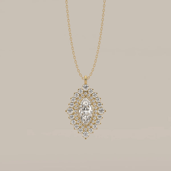 Marquise Lab Grown Diamond Double Halo Pendant in yellow gold, shown from the front.
