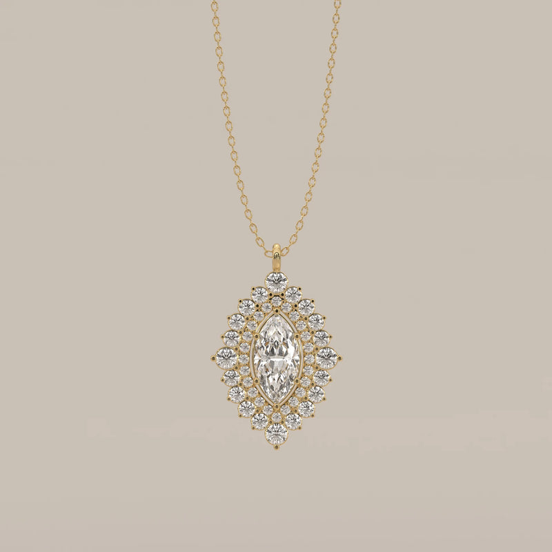 Marquise Lab Grown Diamond Double Halo Pendant in yellow gold, shown from the front.