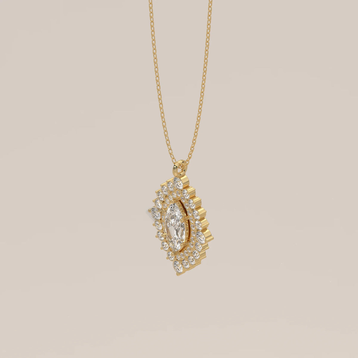Marquise Lab Grown Diamond Double Halo Pendant in yellow gold, shown from the side.