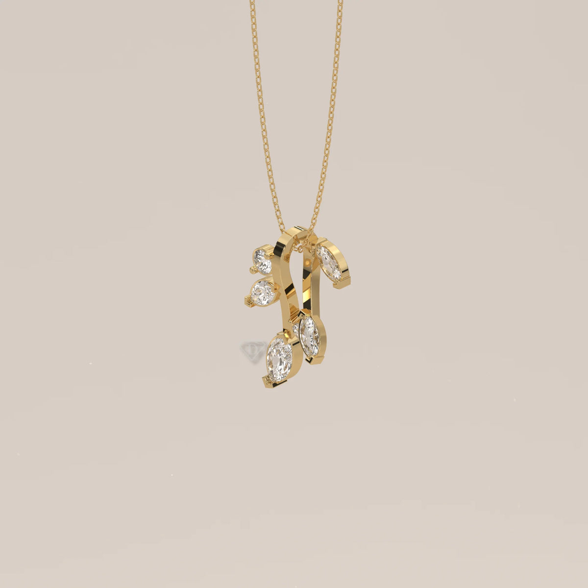 Marquise Lab Grown Diamond Leaf Sprig Pendant with Round Buds in yellow gold, photographed head-on.
