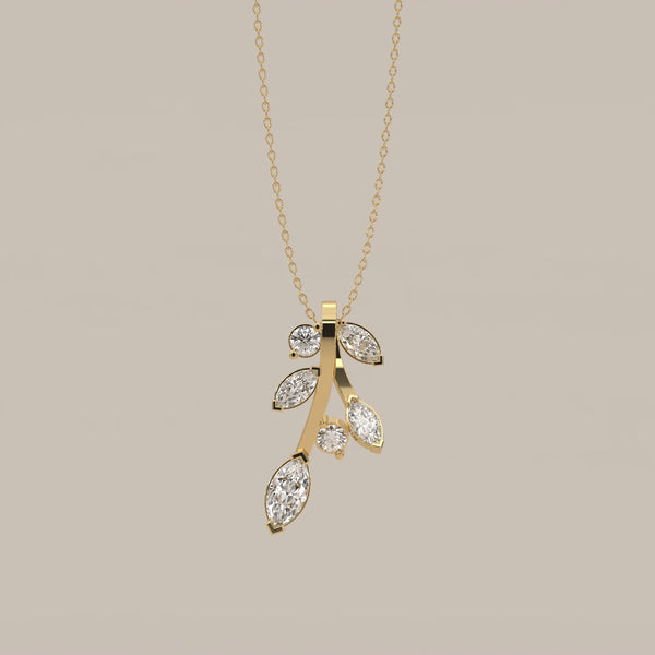 Marquise Lab Grown Diamond Leaf Sprig Pendant with Round Buds in yellow gold, shown from the front.