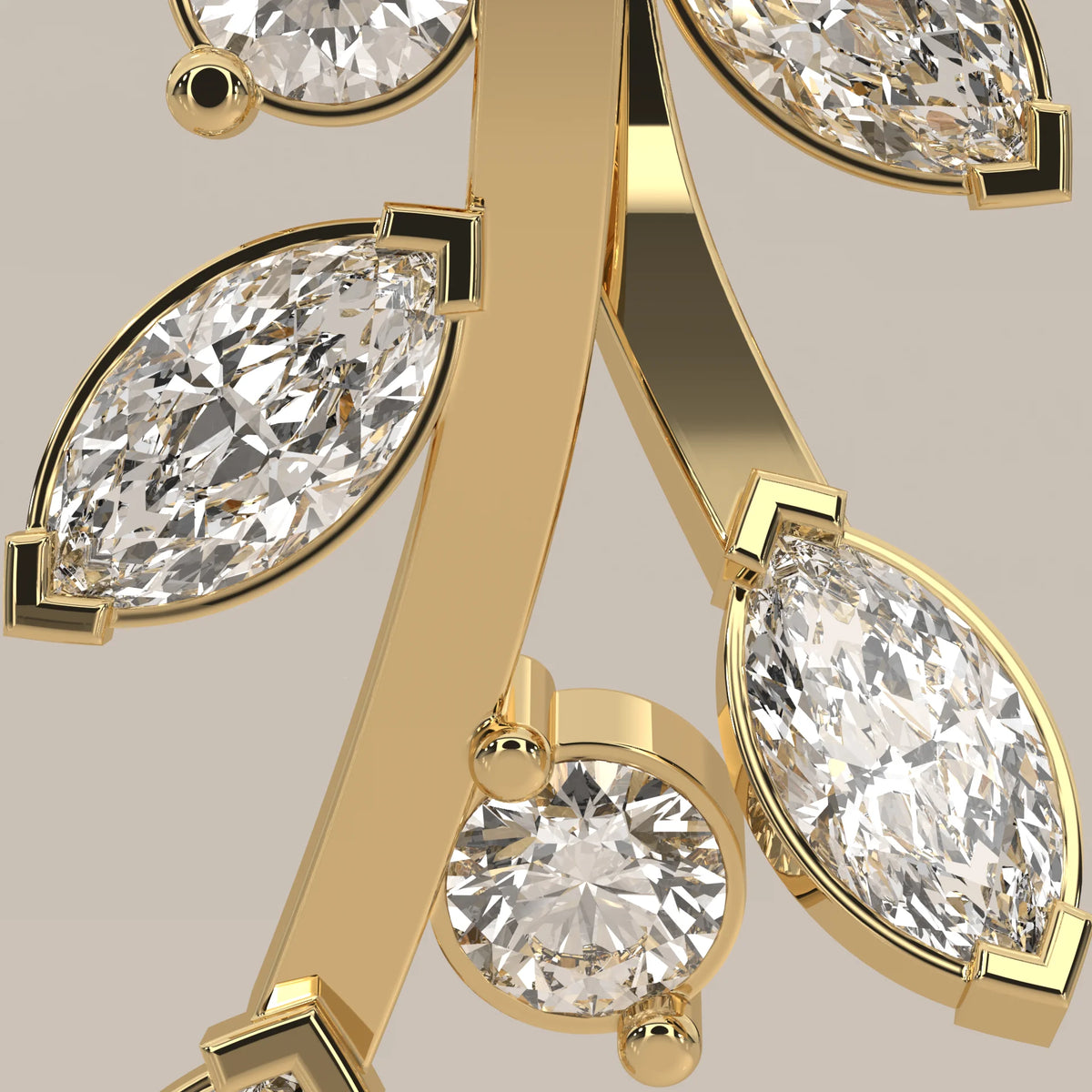 Marquise Lab Grown Diamond Leaf Sprig Pendant with Round Buds in yellow gold, product photograph on a plain background.