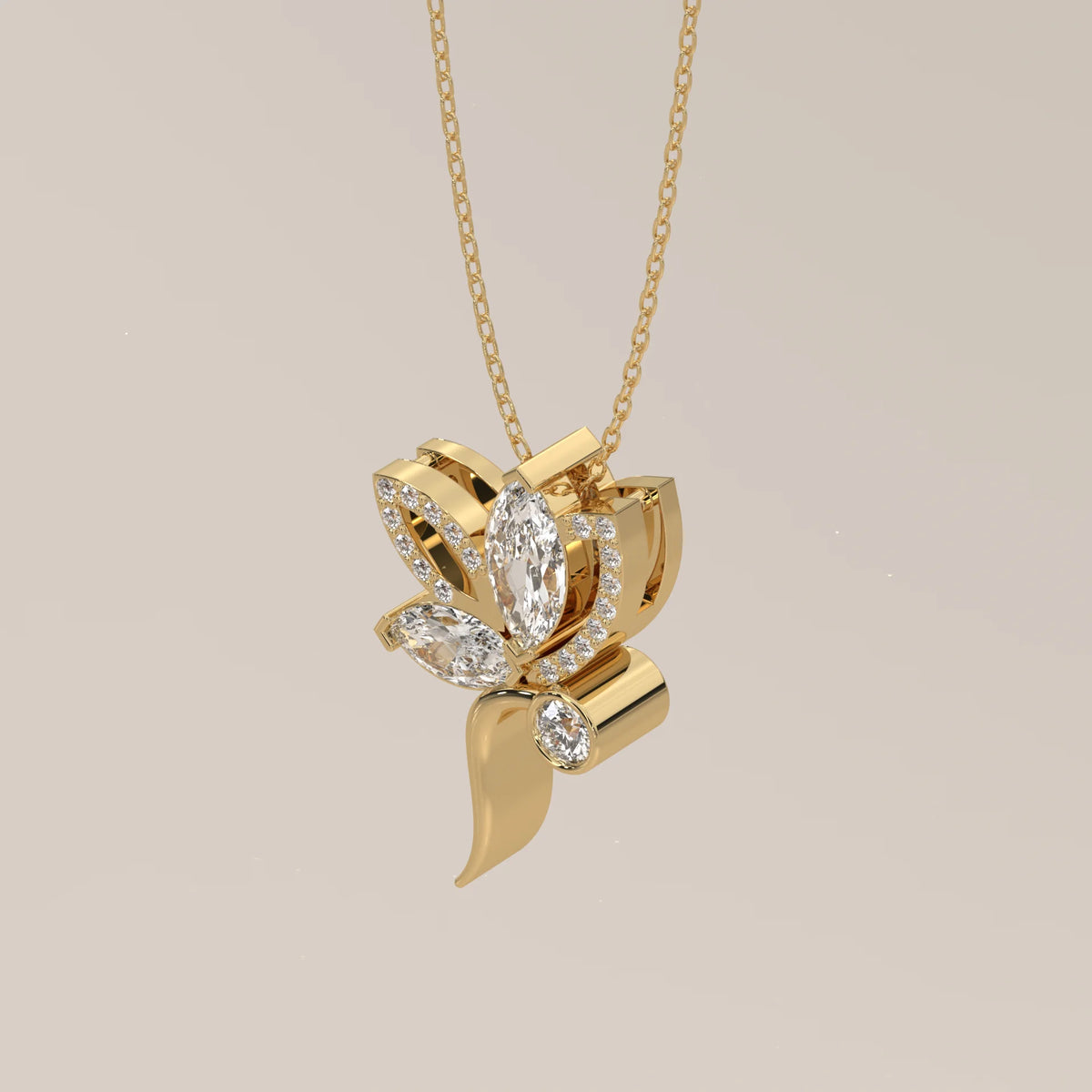 Marquise Lab Grown Diamond Lotus Flower Pendant with Curved Stem in yellow gold, photographed head-on.