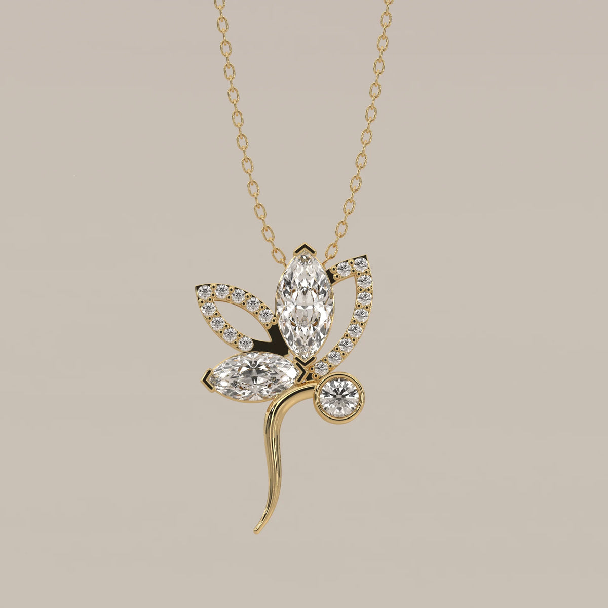 Marquise Lab Grown Diamond Lotus Flower Pendant with Curved Stem in yellow gold, shown from the front.