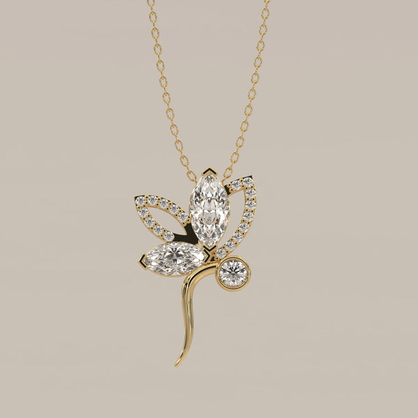 Marquise Lab Grown Diamond Lotus Flower Pendant with Curved Stem in yellow gold, shown from the front.