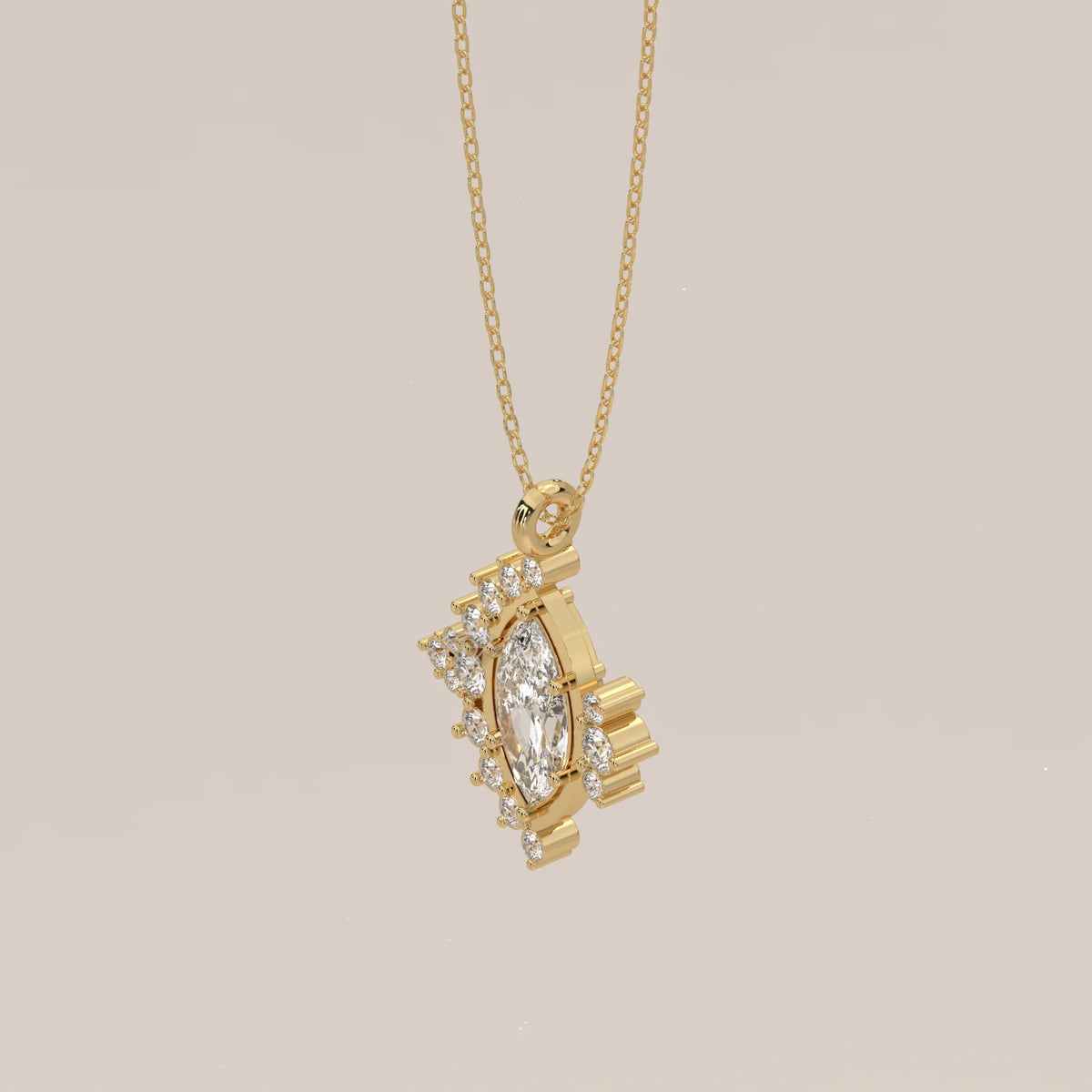 Marquise Lab Grown Diamond Pendant with Asymmetric Round Clusters in yellow gold, shown at an angle.
