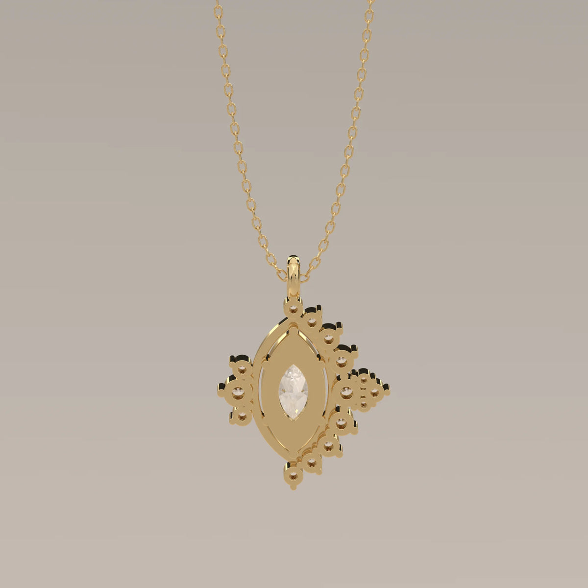 Marquise Lab Grown Diamond Pendant with Asymmetric Round Clusters in yellow gold, photographed head-on.