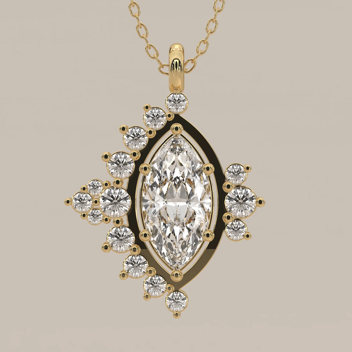 Marquise Lab Grown Diamond Pendant with Asymmetric Round Clusters in yellow gold, front view on a plain background.