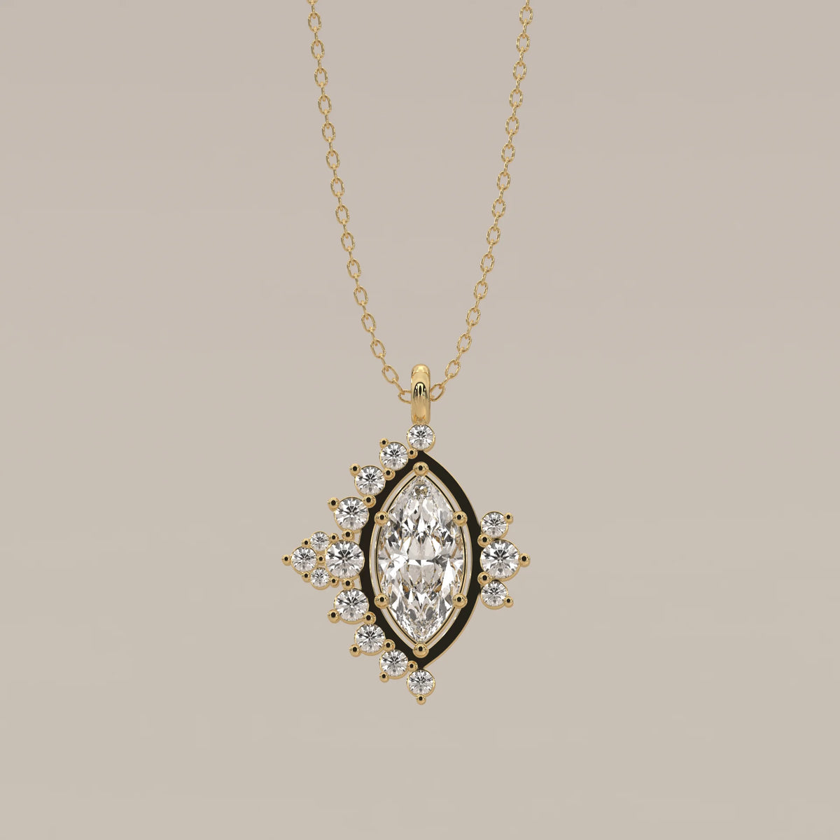 Marquise Lab Grown Diamond Pendant with Asymmetric Round Clusters in yellow gold, shown from the front.