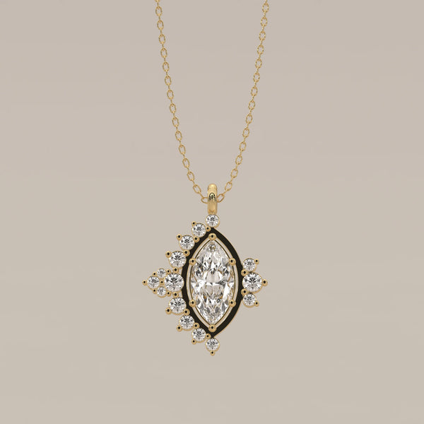Marquise Lab Grown Diamond Pendant with Asymmetric Round Clusters in yellow gold, shown from the front.