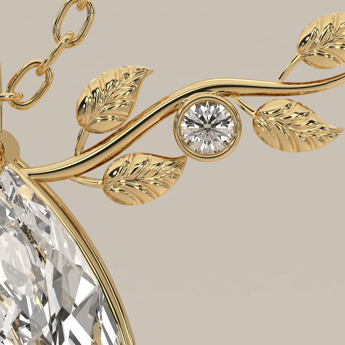 Marquise Lab Grown Diamond Pendant with Leafy Sprig Accent in yellow gold, shown at an angle.