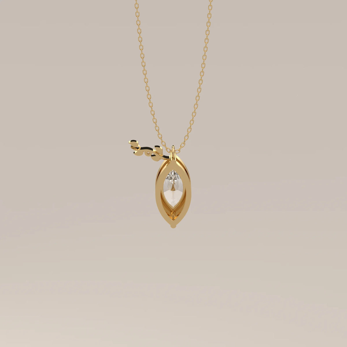 Marquise Lab Grown Diamond Pendant with Leafy Sprig Accent in yellow gold, photographed head-on.