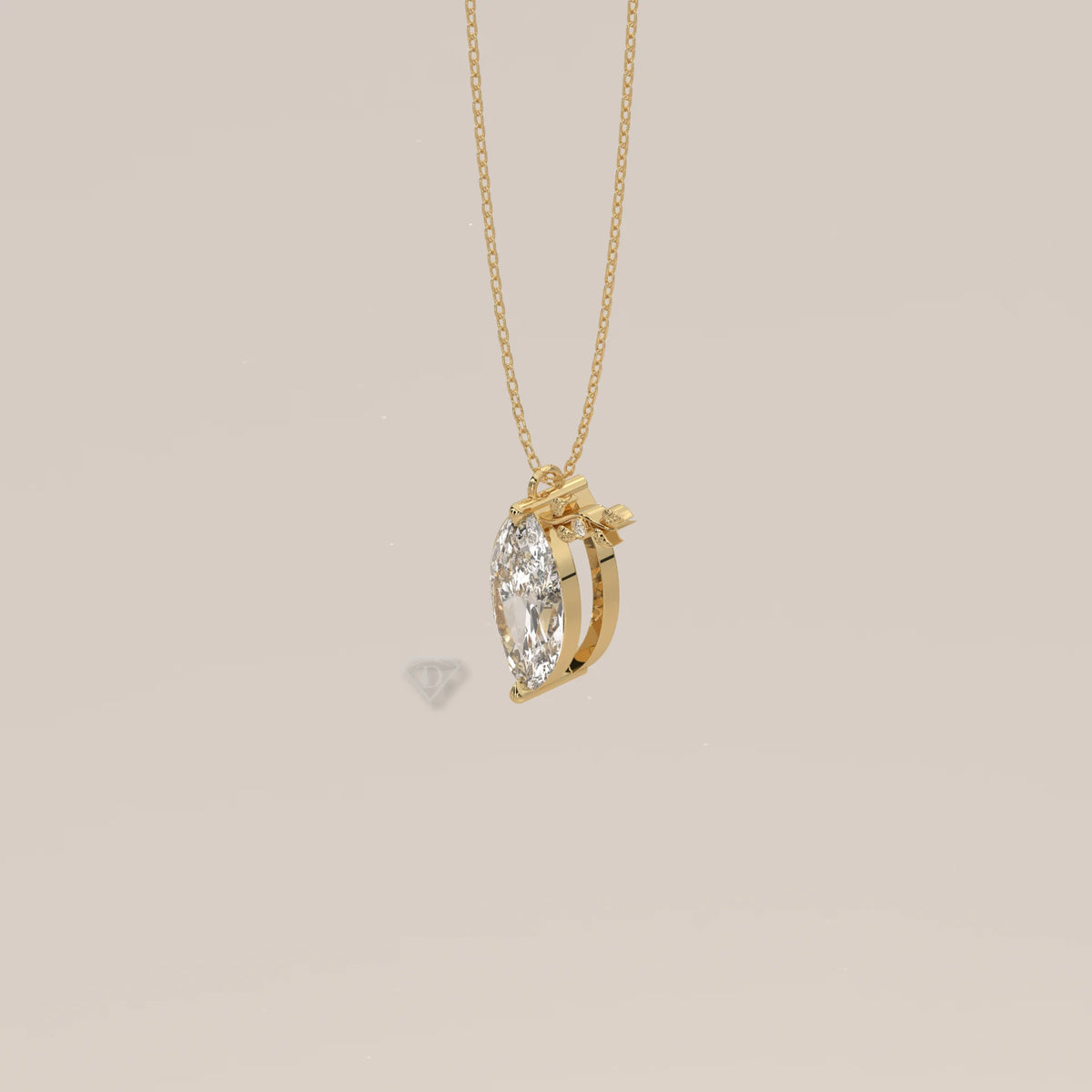 Marquise Lab Grown Diamond Pendant with Leafy Sprig Accent in yellow gold, shown from the side.
