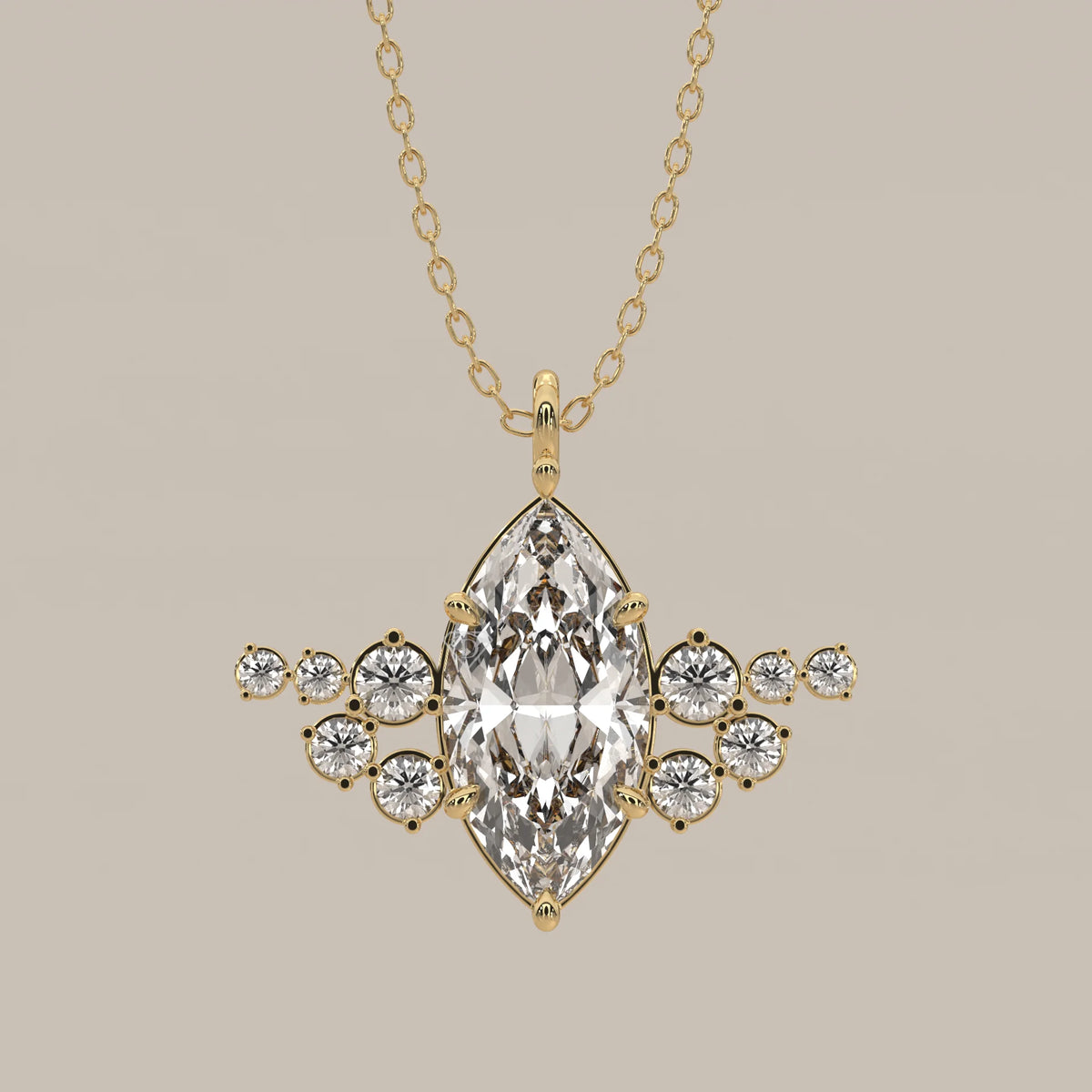 Marquise Lab Grown Diamond Pendant with Round Diamond Wings in yellow gold, front view on a plain background.