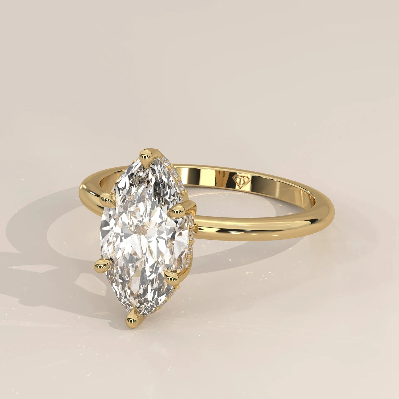 Side Profile: Marquise Diamond Ring with Hidden Halo Setting in Yellow Gold – Lab Grown – Driona Jewels