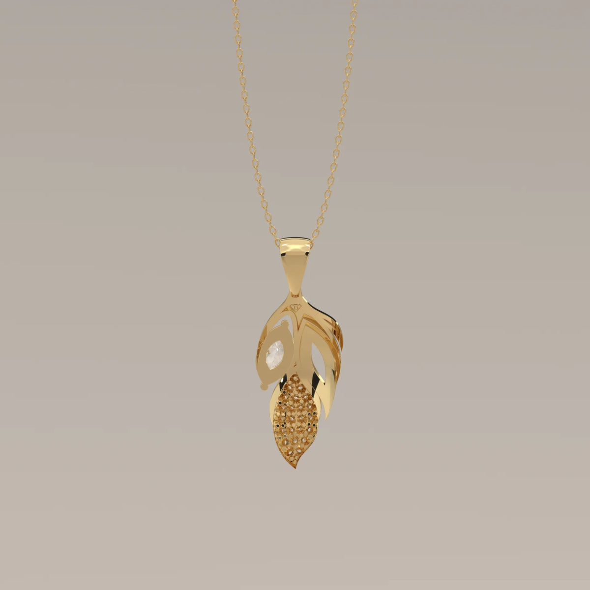 Marquise Lab Grown Diamond Sculpted Leaf Pendant with Pave Petal in yellow gold, photographed head-on.