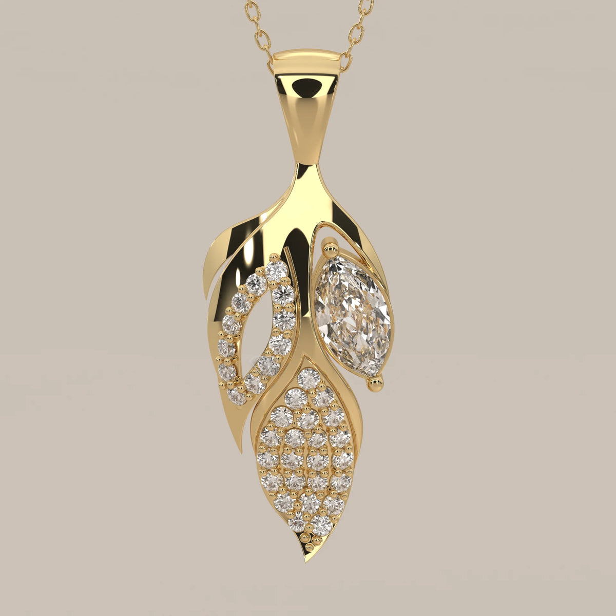 Marquise Lab Grown Diamond Sculpted Leaf Pendant with Pave Petal in yellow gold, front view on a plain background.