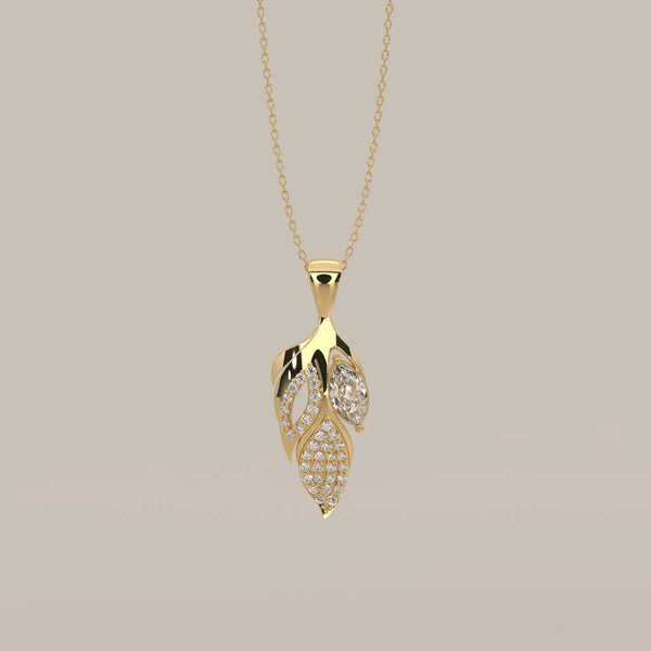 Marquise Lab Grown Diamond Sculpted Leaf Pendant with Pave Petal in yellow gold, shown from the front.