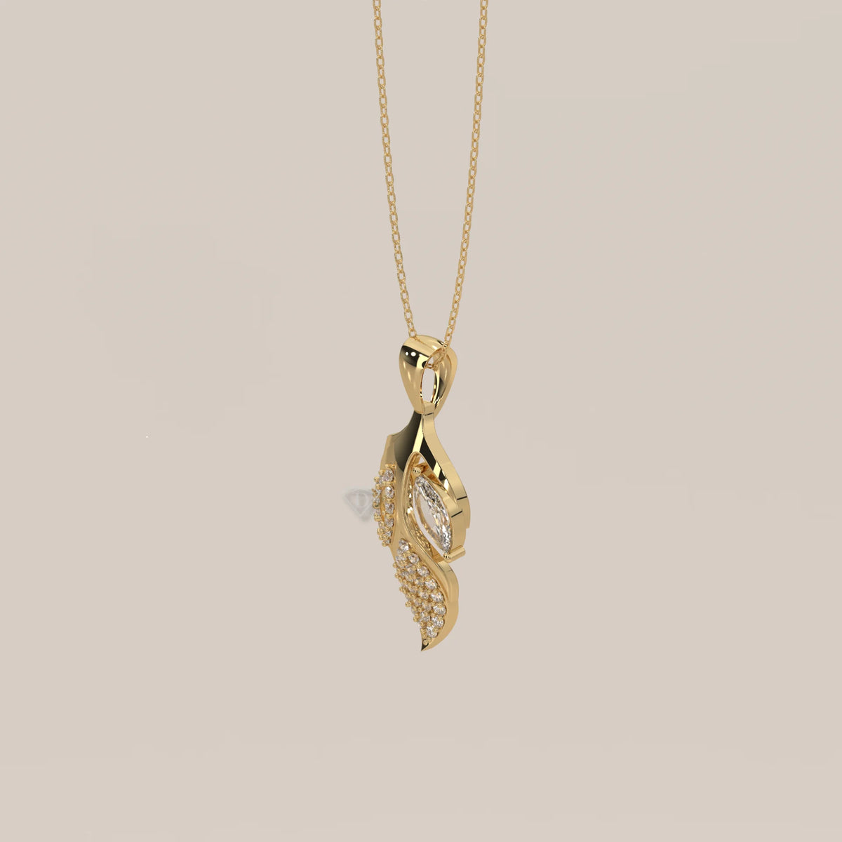 Marquise Lab Grown Diamond Sculpted Leaf Pendant with Pave Petal in yellow gold, shown from the side.