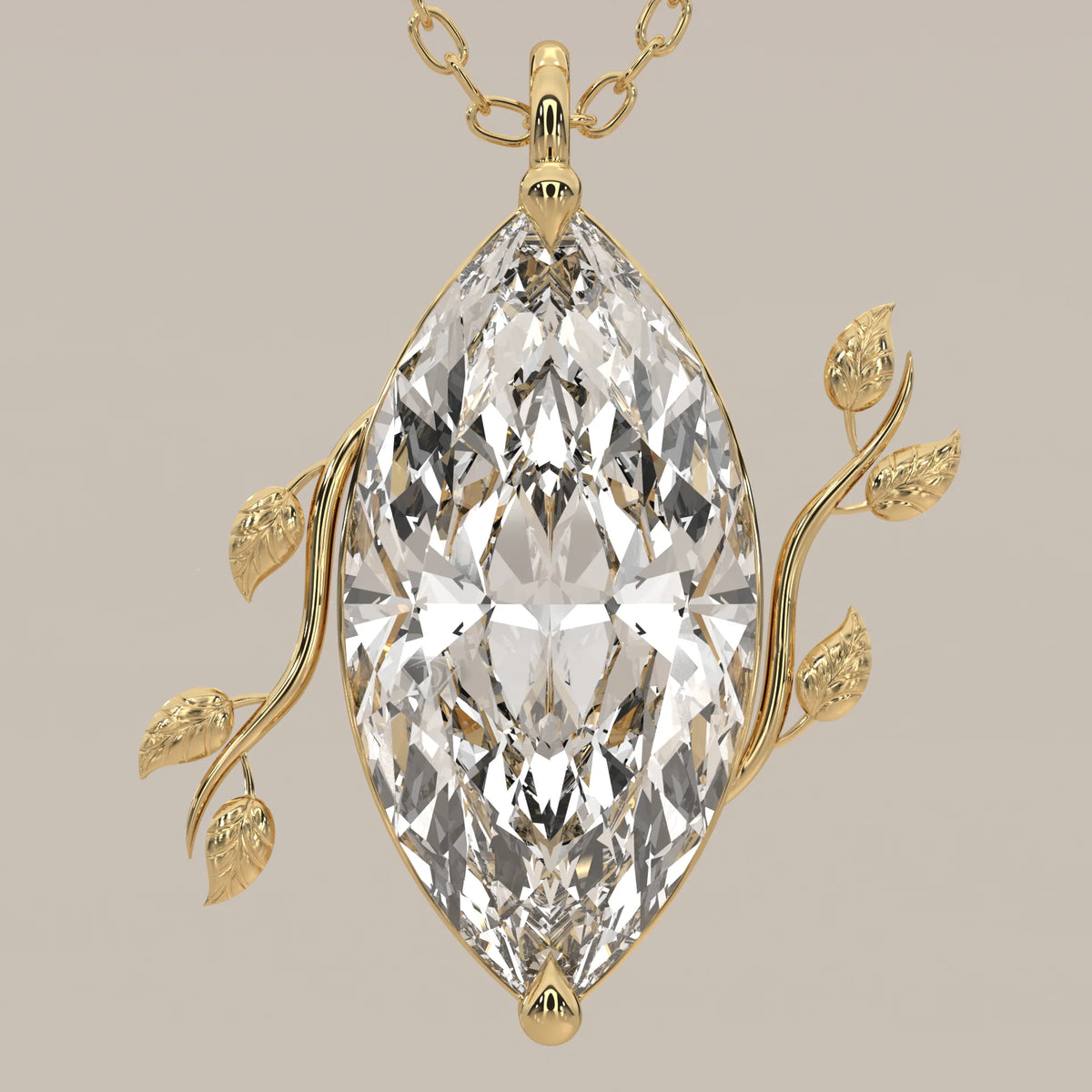 Marquise Lab Grown Diamond Solitaire Pendant with Twin Leaf Vines in yellow gold, front view on a plain background.