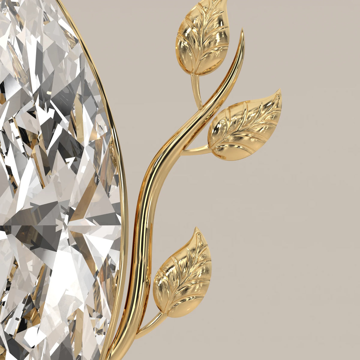 Marquise Lab Grown Diamond Solitaire Pendant with Twin Leaf Vines in yellow gold, shown on a plain background.