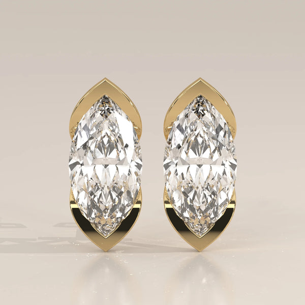 Marquise Lab Grown Diamond Studs with Pointed Tip Bezels in yellow gold, shown from the front.