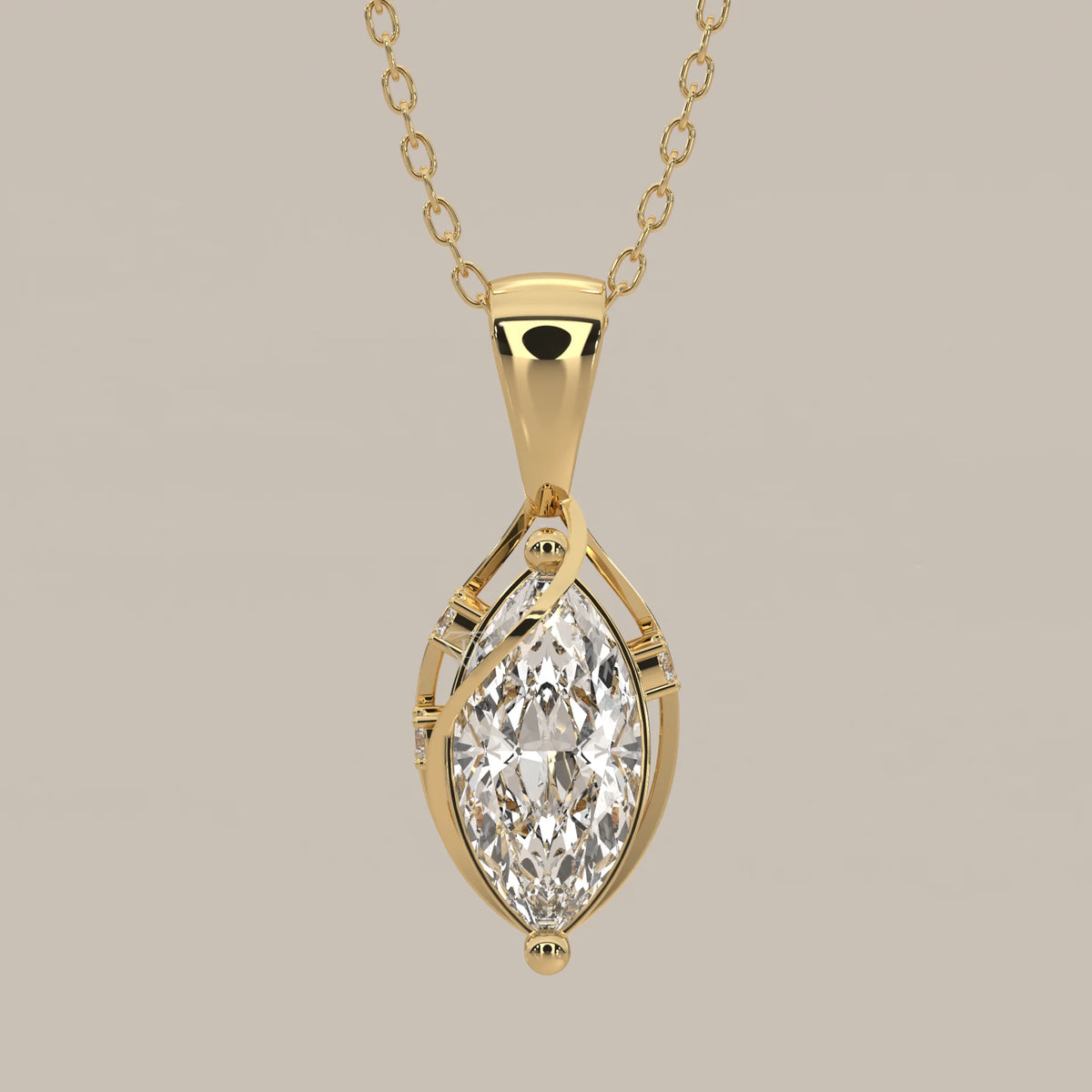 Marquise Lab Grown Diamond Swirl Wrap Pendant with Round Accents in yellow gold, photographed head-on.