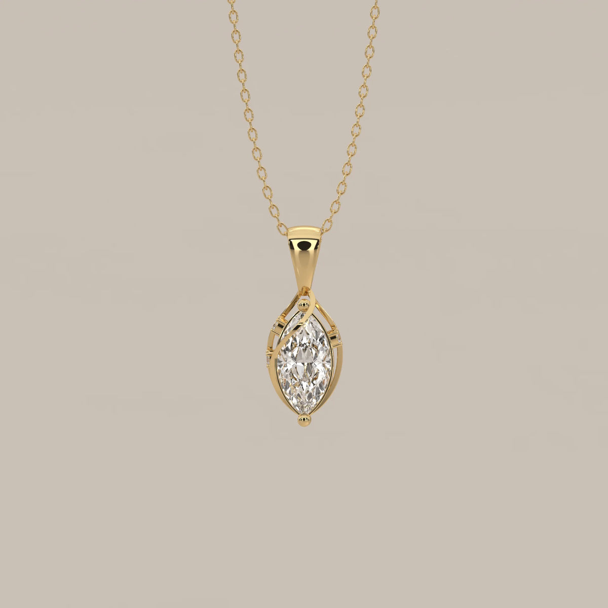 Marquise Lab Grown Diamond Swirl Wrap Pendant with Round Accents in yellow gold, shown from the front.