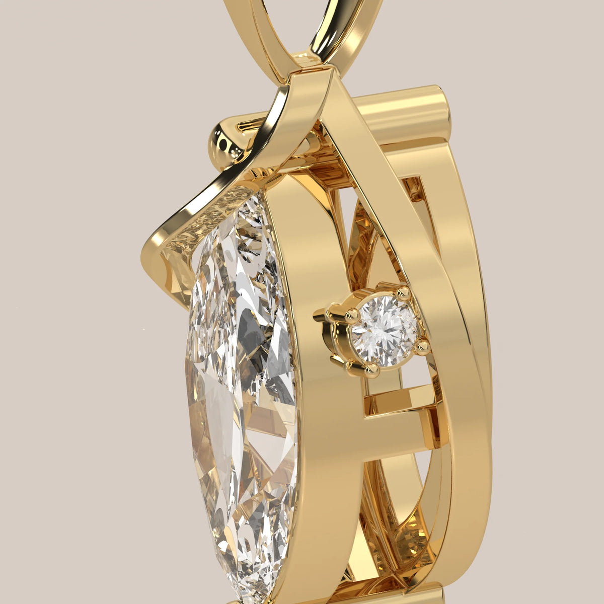 Marquise Lab Grown Diamond Swirl Wrap Pendant with Round Accents in yellow gold, side profile view.