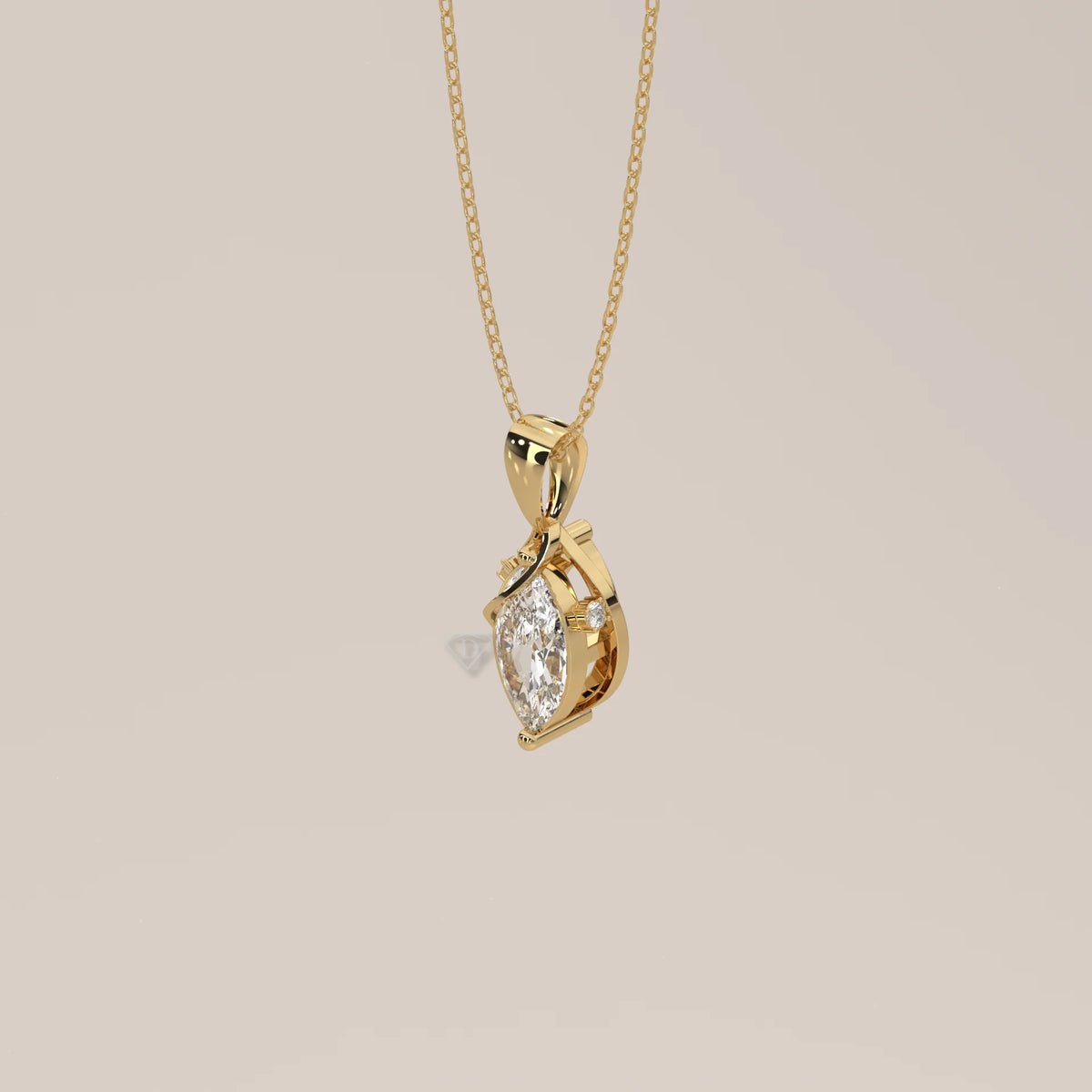 Marquise Lab Grown Diamond Swirl Wrap Pendant with Round Accents in yellow gold, shown from the side.