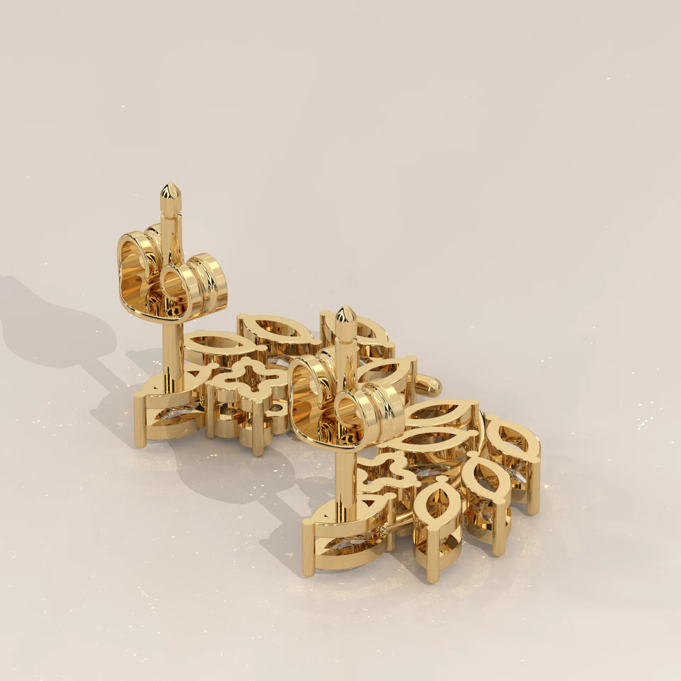 Angle View: Marquise Diamond Stud Earrings with Prong Setting in Yellow Gold – Lab Grown – Driona Jewels