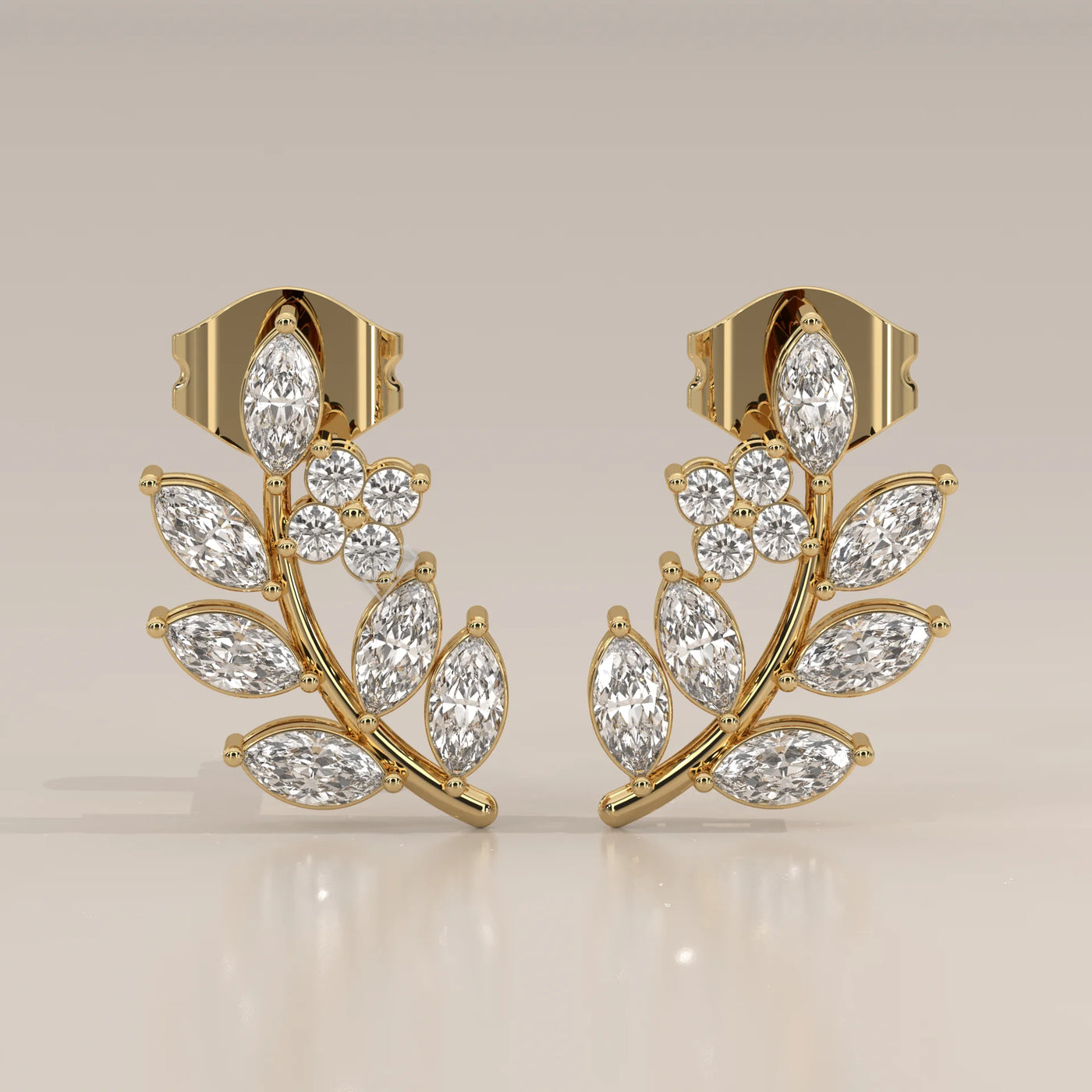 Front View: Marquise Diamond Stud Earrings with Prong Setting in Yellow Gold – Lab Grown – Driona Jewels